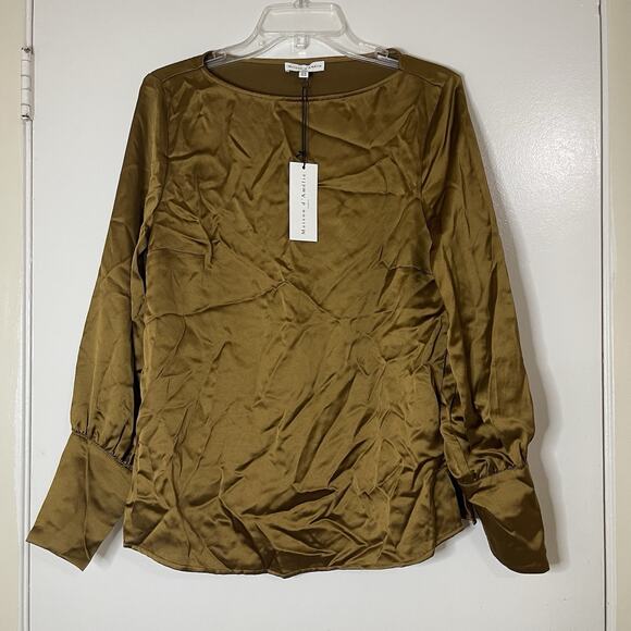 NEW! Anthropologie Maison D'amelie golden long sleeve satin blouse top Medium - Picture 1 of 5